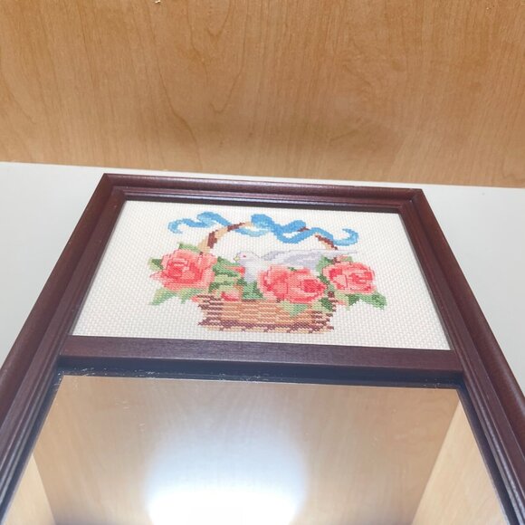 Vintage Wooden Framed Mirror With Handcrafted Cross-Stitch Rose & Dove Design - Picture 9 of 15